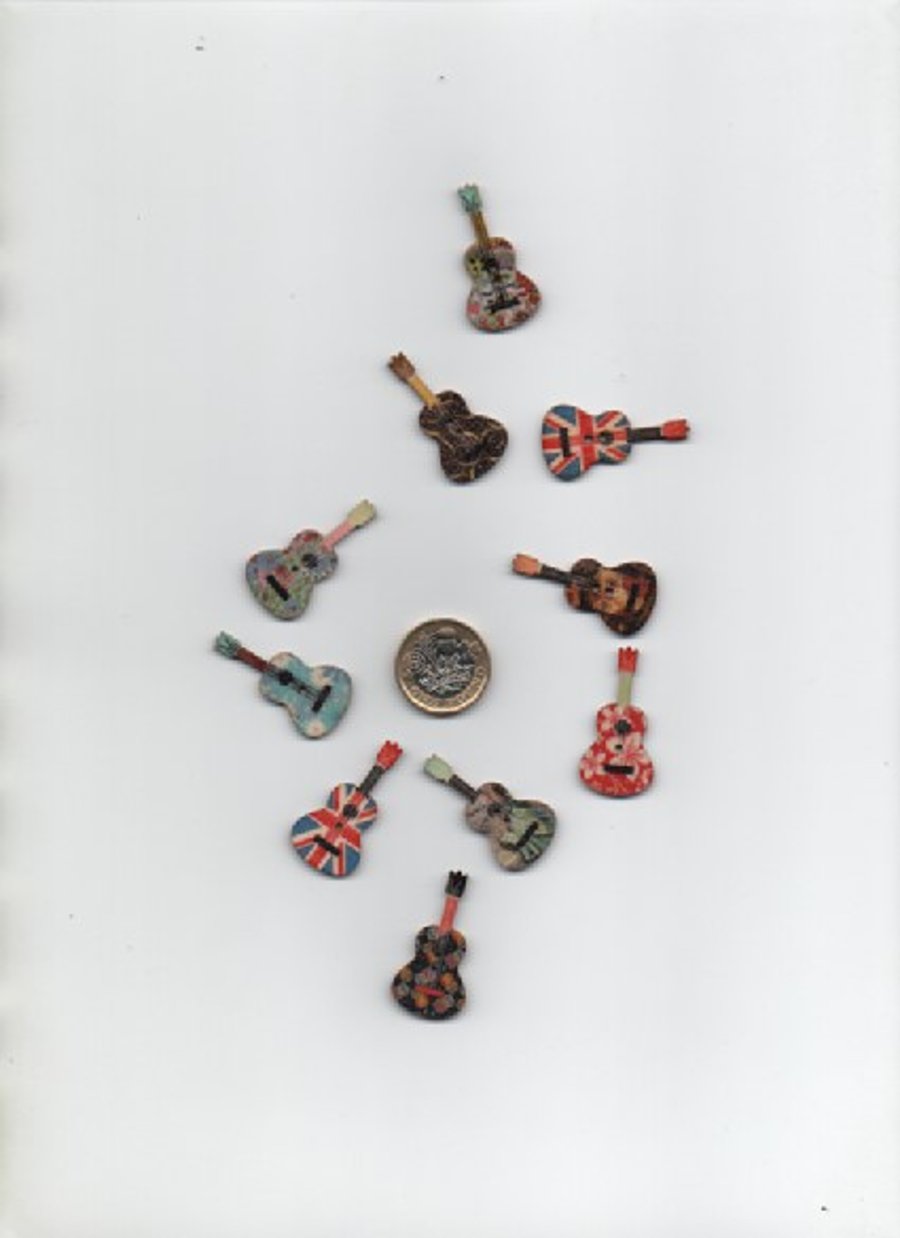 10 x assorted printed wooden GUITAR shaped CRAFT BUTTONS Clearance