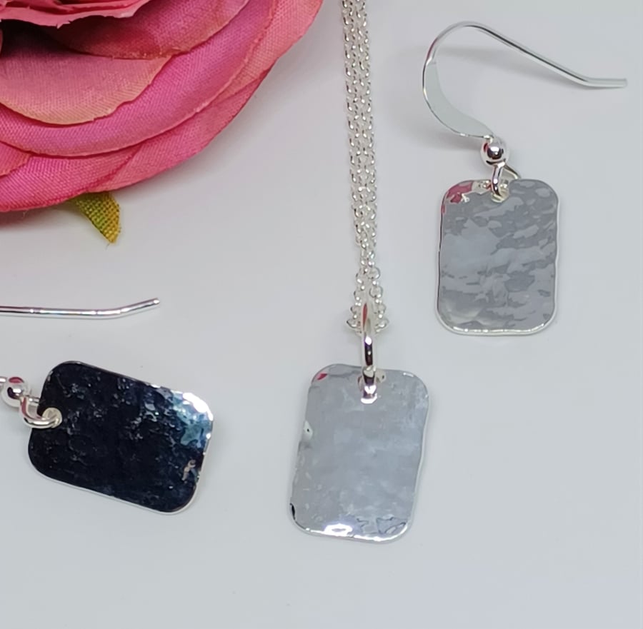 Sterling Silver Hammered Effect Rectangle Necklace and Earring Set