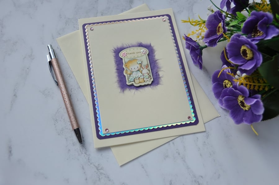 Thank You Card Girl Teddy Bear Bunny Rabbit Purple 3D Luxury Handmade Card
