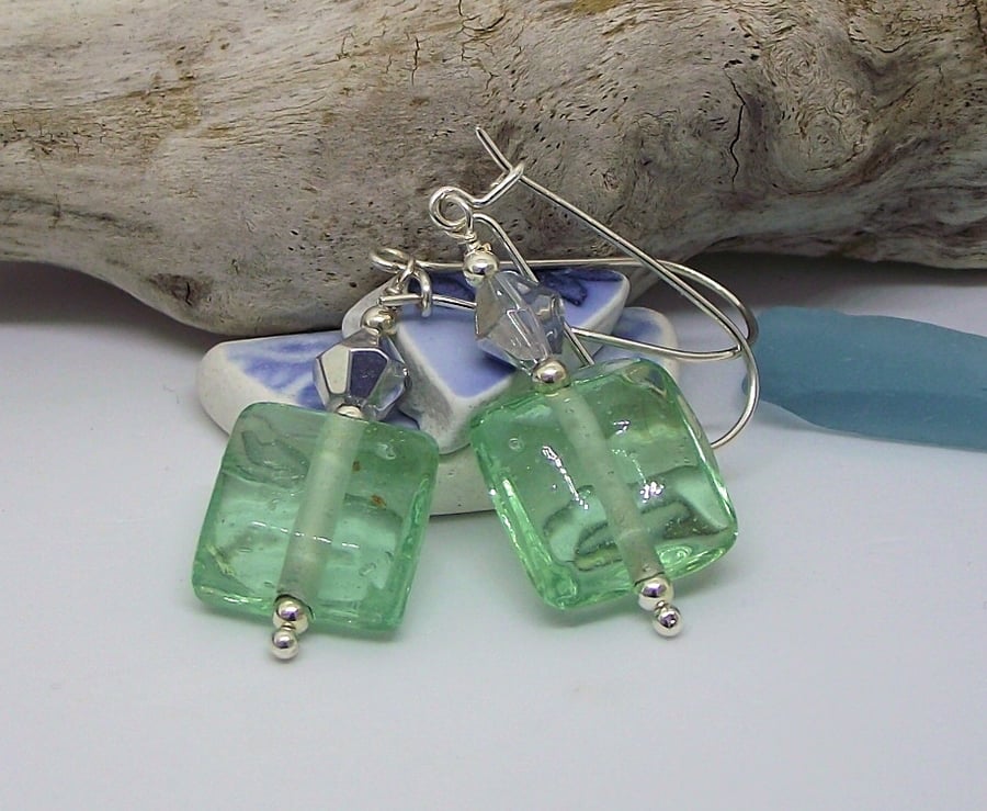 Square green glass earring vintage recycled