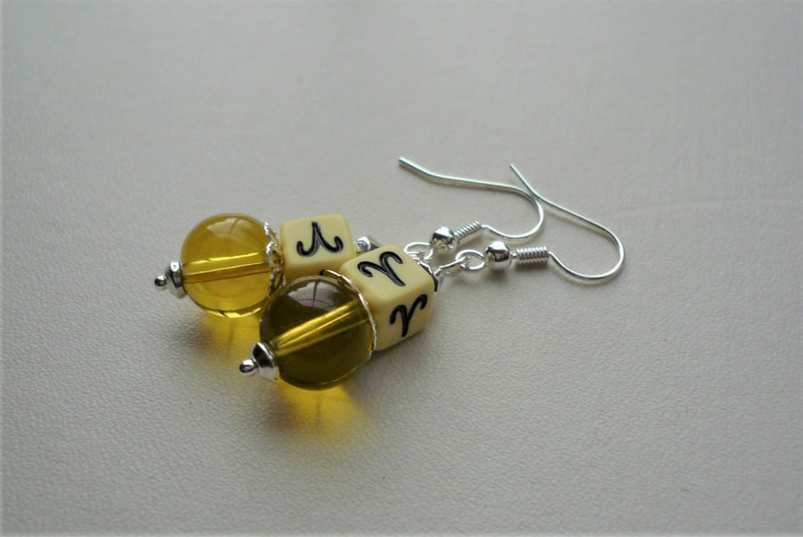 Yellow ARIES Zodiac Sign Dangle Glass Acrylic Cube Bead Earrings   KCJ3970