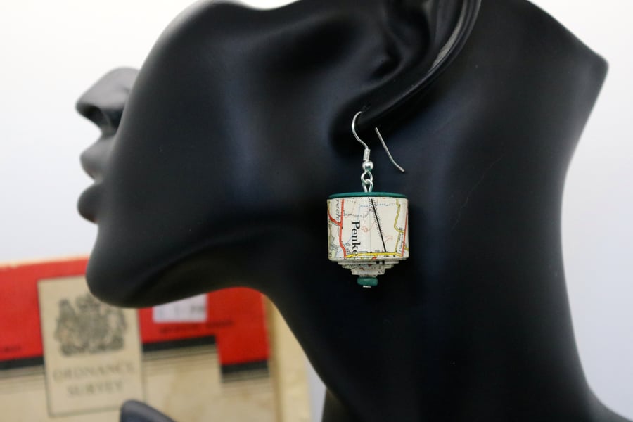 SOLD Chunky paper beaded earrings made of a 1952 map of Chester with green bead