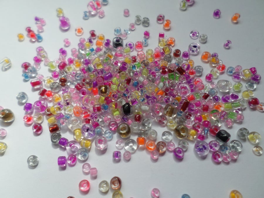 10g Clear Glass Seed Beads - Colour-Inside - Mixed Sizes - Mixed Colour