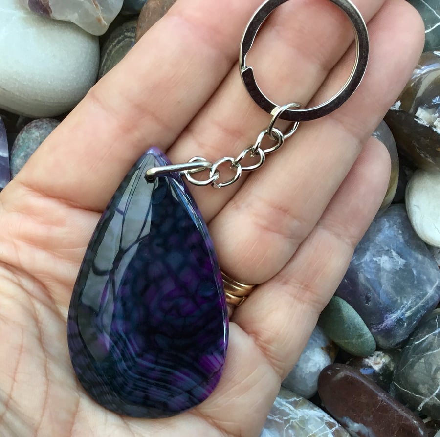 Midnight Storm!  Dark Purple Fancy Agate Gemstone Keyring or Handbag Charm.