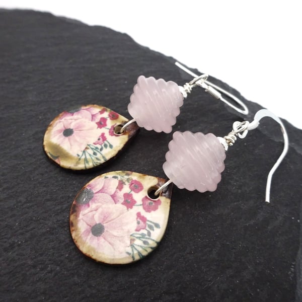 pink rose lampwork glass and ceramic earrings