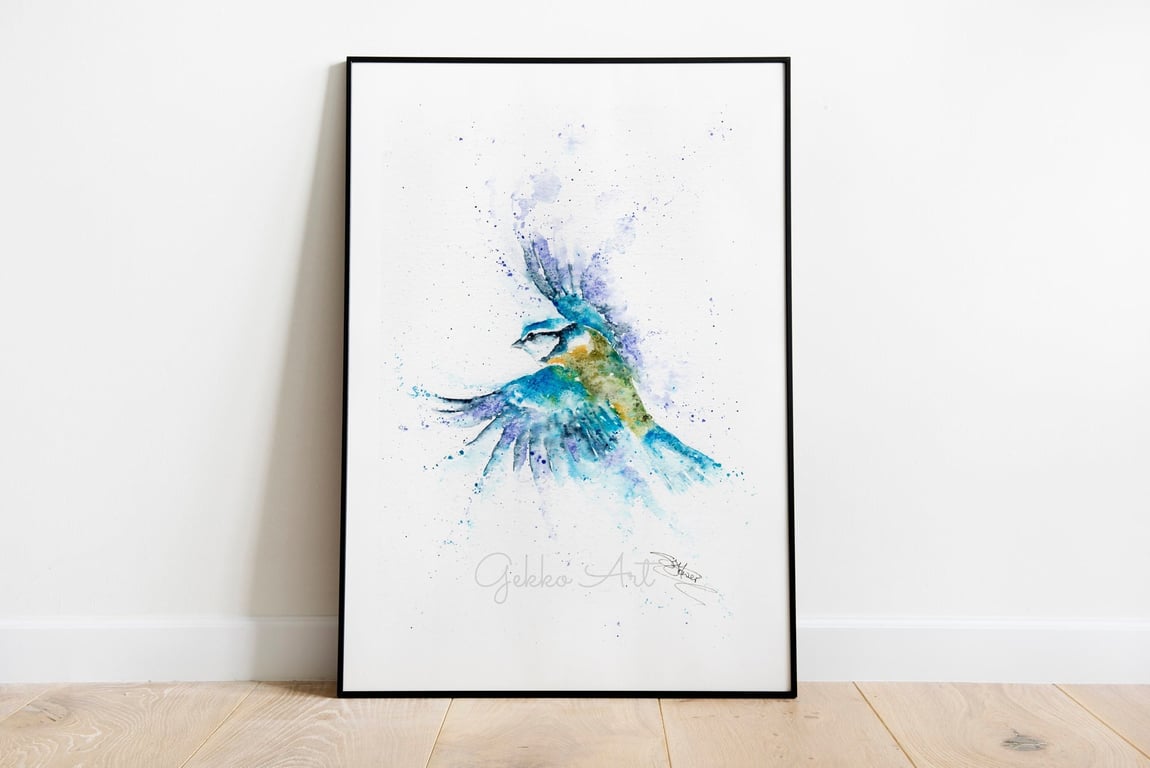 Bob the Bluetit Fine Art Giclee Print, Watercolour Art Print, Bluetit Watercolou