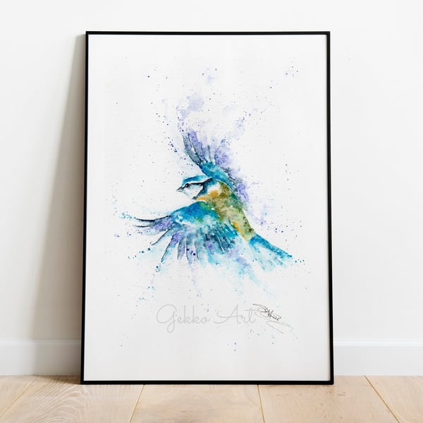 Bob the Bluetit Fine Art Giclee Print, Watercolour Art Print, Bluetit Watercolou