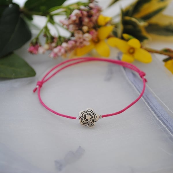 Friendship Bracelet-Pink Fuchsia & silver flower