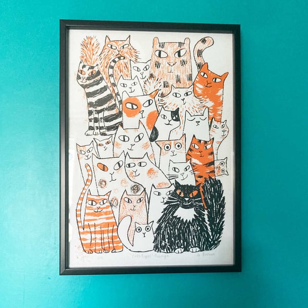 Cats Eyes-ORANGE A3 unframed original screen print by Jo Brown Happy Tomato
