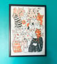 Cats Eyes-ORANGE A3 unframed original screen print by Jo Brown Happy Tomato - Image 1