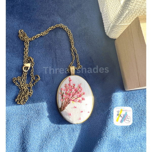 Hand embroidered pendant, cherry blossom design, antique bronze pendant chain 