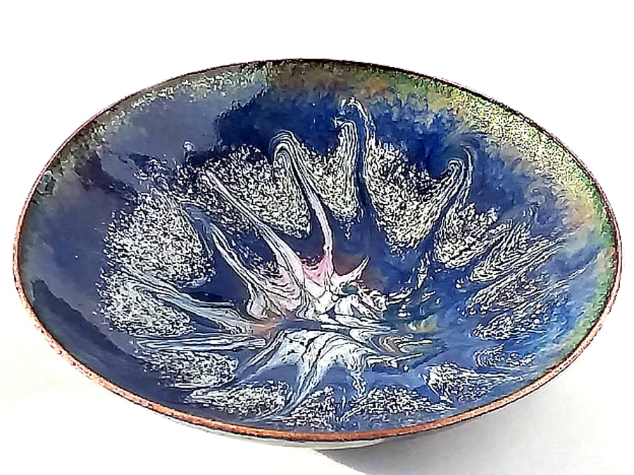 dish scrolled white and pink on royal blue over clear enamel