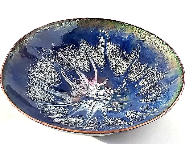 dish scrolled white and pink on royal blue over clear enamel