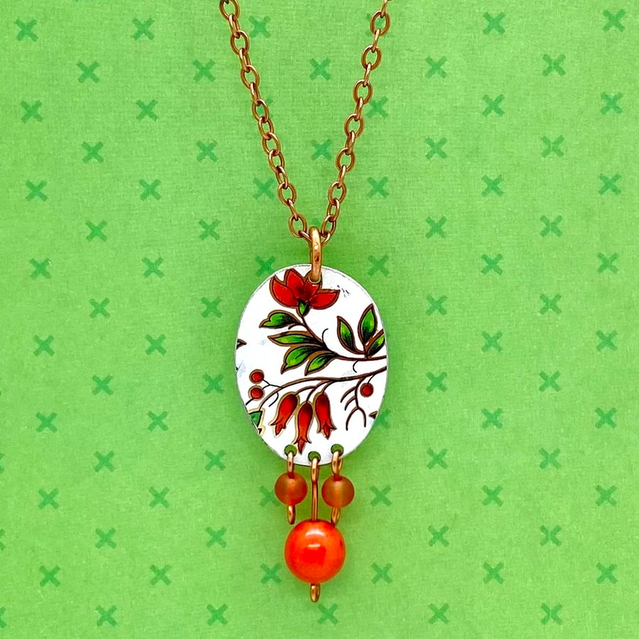 Recycled vintage tin oval beaded orange flower pendant necklace