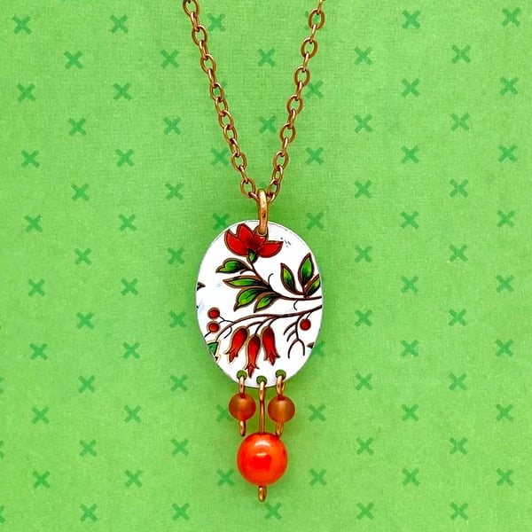 Recycled vintage tin oval beaded orange flower pendant necklace