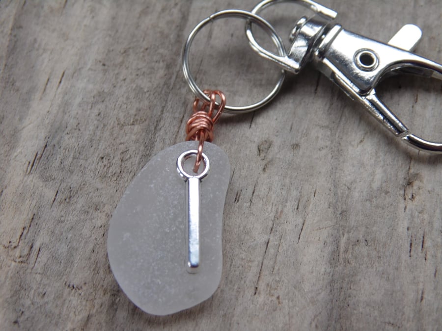 Initial 'i' White Cornish Sea Glass Bag Charm Keyring K507