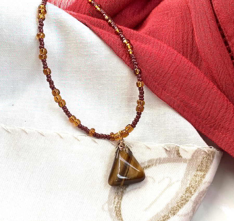 Tiger eye pendant, Bead necklace, earthy brown ochre single strand necklace