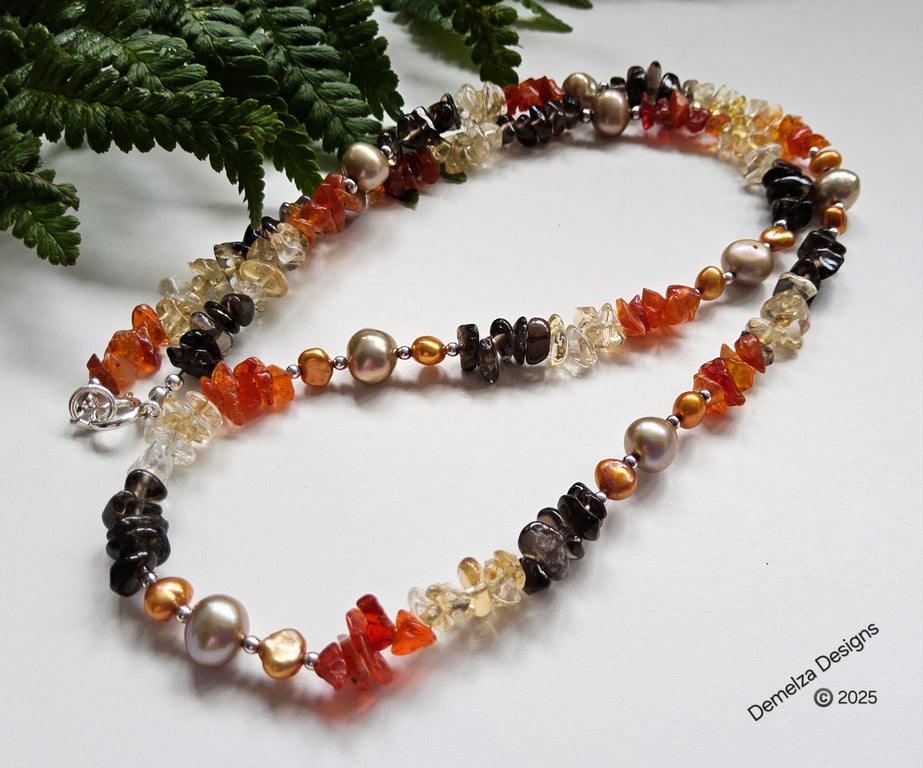 Mexican Fire Opal, Smokey Quartz, Citrine, Pearls, Sterling Silver Necklace 