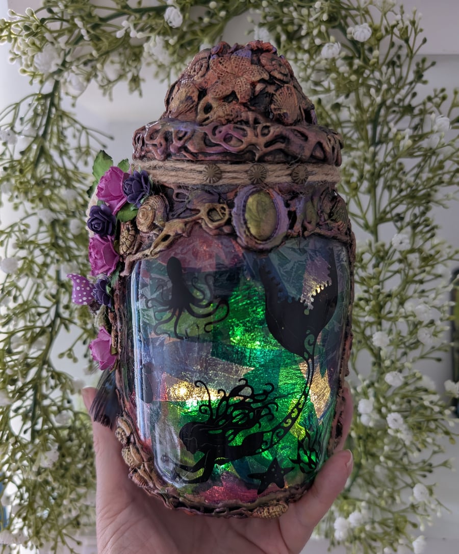 Magical Mermaid in a Jar Elina Stained Glass effect OOAK Handmade