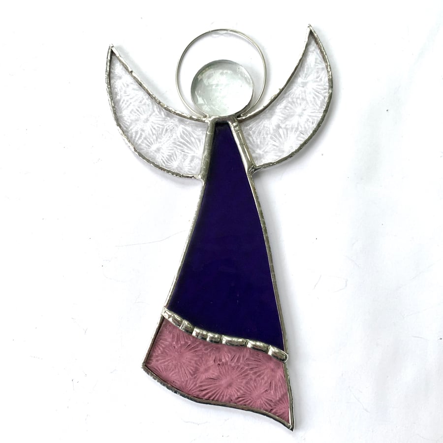 Stained Glass Large Angel Suncatcher -  Handmade Decoration - Purple and Pink