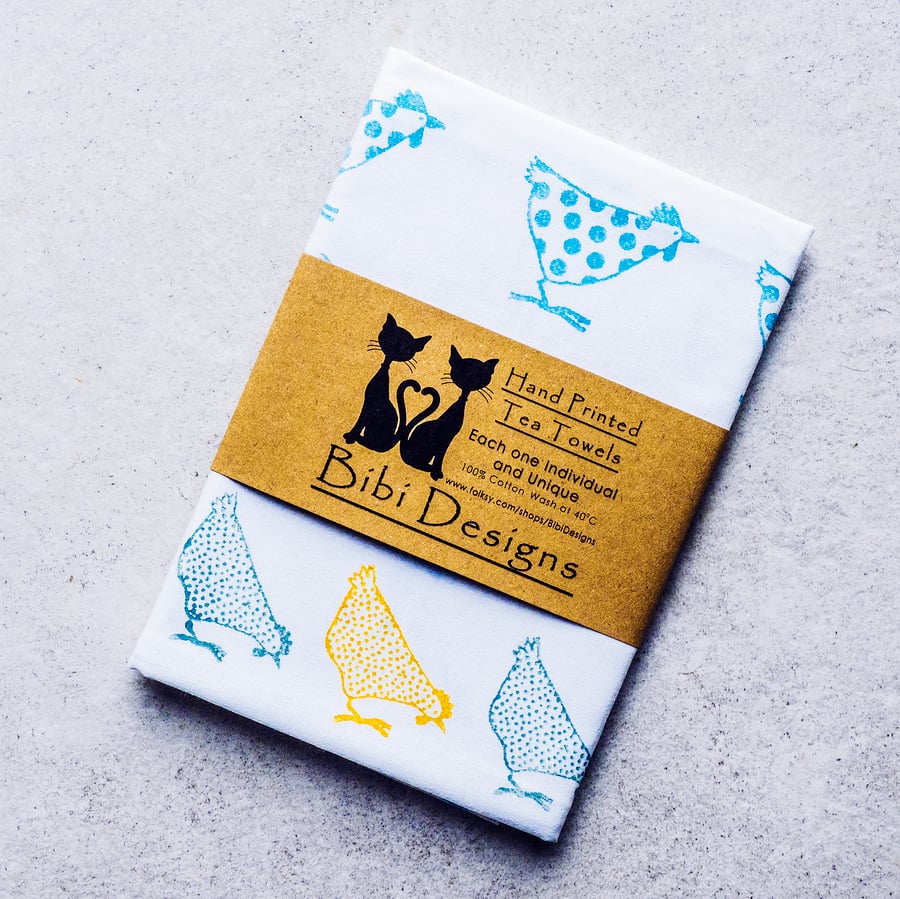 Hand printed chicken tea towel wedding, housewarming, hen party gifts  
