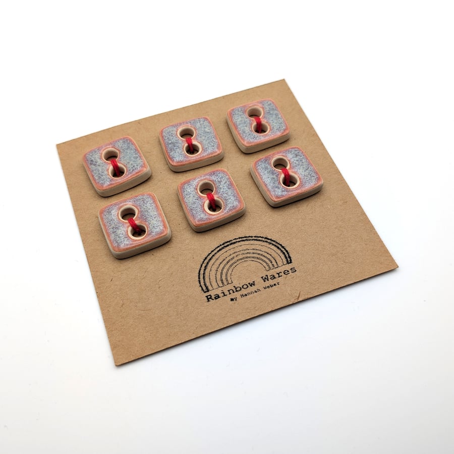 Set of 6 Handmade Square Pottery, Ceramic Buttons, Kimchi Pink, Medium, 23 mm