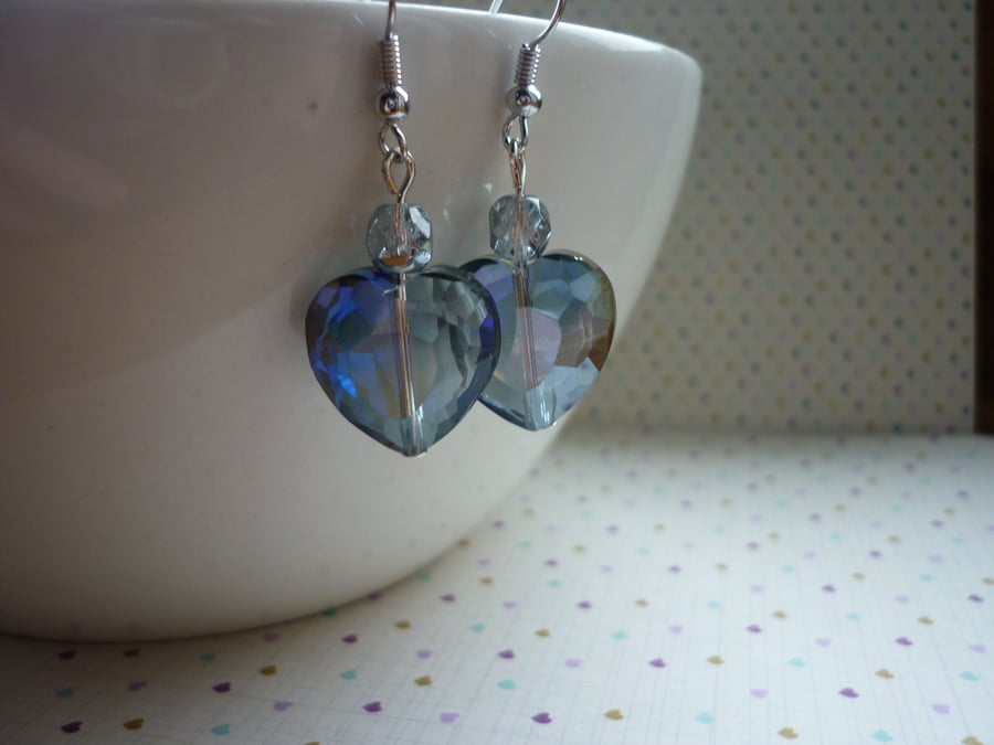 BLACK DIAMOND AND SILVER HEART CRYSTAL EARRINGS.