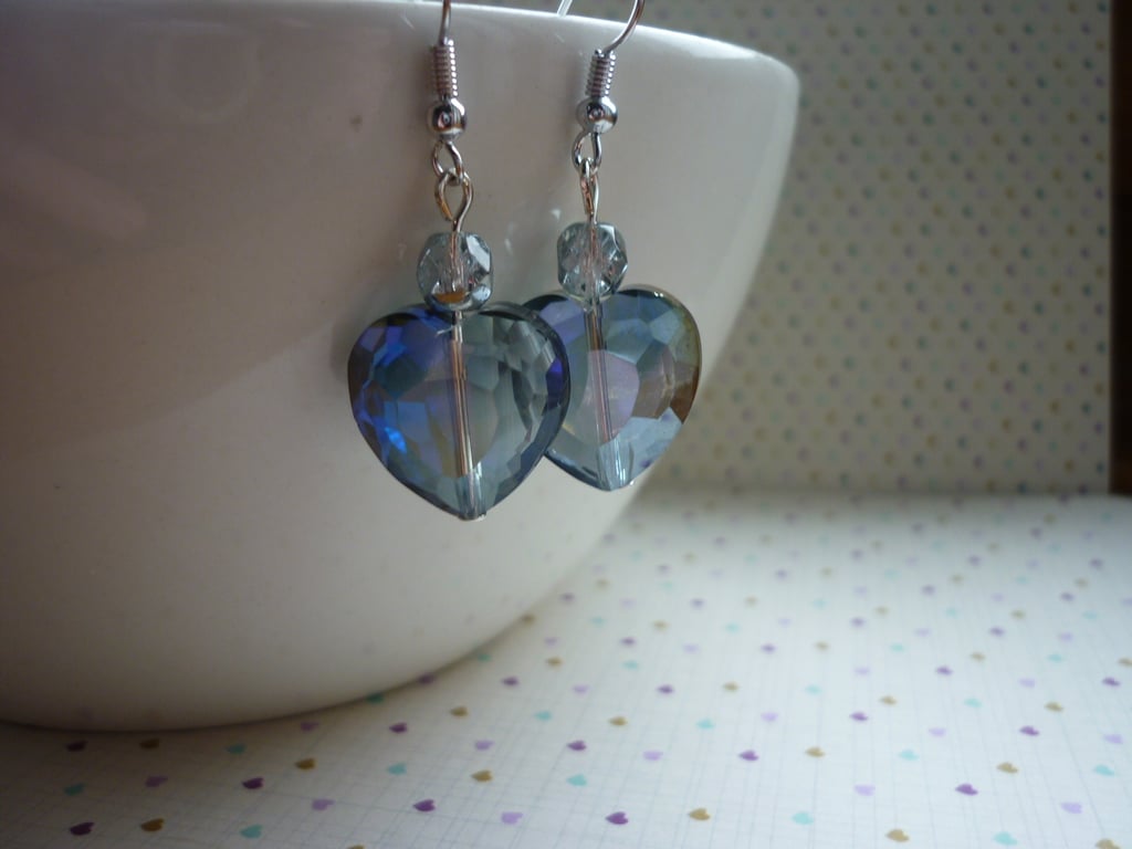 BLACK DIAMOND AND SILVER HEART CRYSTAL EARRINGS.