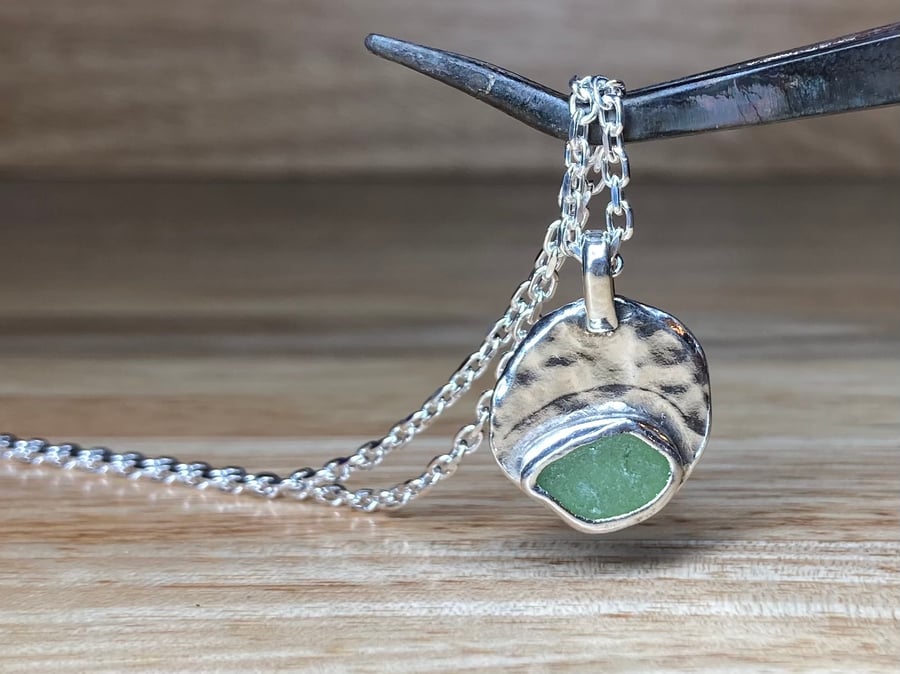Handmade Sterling Silver Pendant with Green Welsh Sea Glass & Silver Chain
