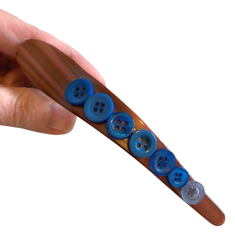 Brown Banana Hair Clip modified with Blue Buttons