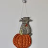 'Cat Sitting on a Glittery Pumpkin' - Hanging Decoration