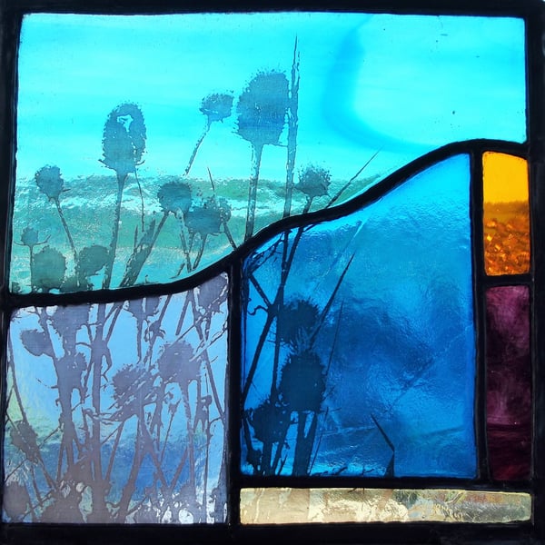 Teasels at Sunrise Contemporary Stained Glass Panel 