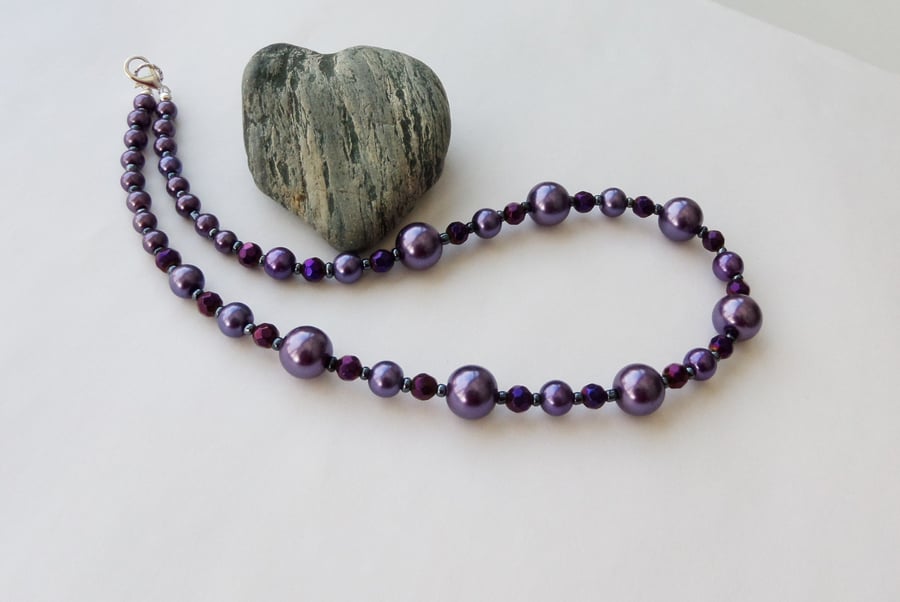 Purple glass pearl necklace with metallic deep purple oval faceted beads