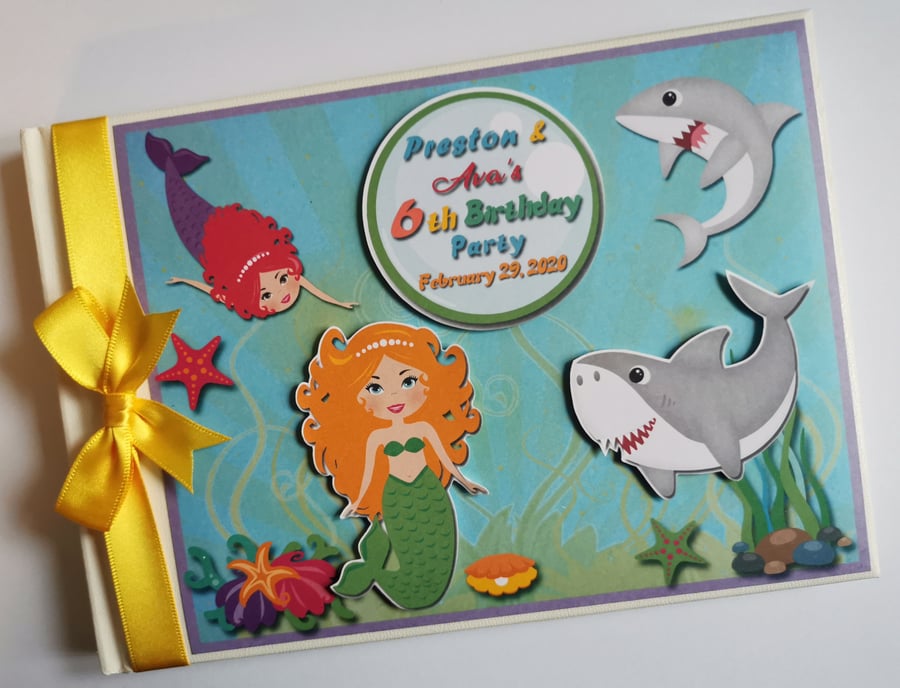 Mermaids and sharks birthday guest book, mermaid guest book, gift