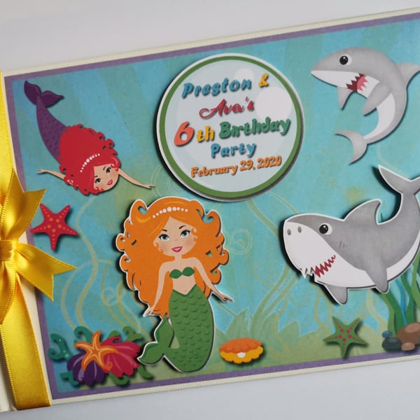 Mermaids and sharks birthday guest book, mermaid guest book, gift