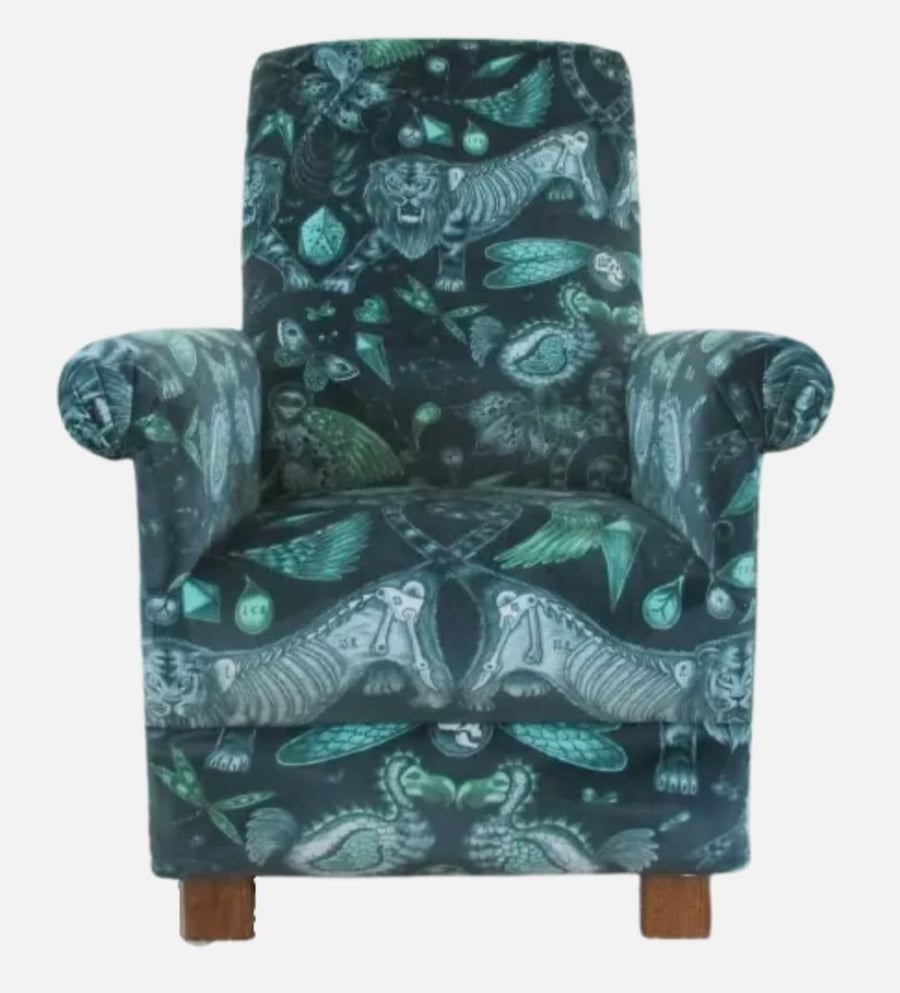 Emma J Shipley Extinct Velvet Fabric Chair Adult Armchair Navy Blue Animals Teal