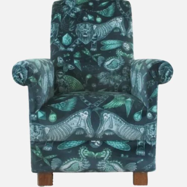 Emma J Shipley Extinct Velvet Fabric Chair Adult Armchair Navy Blue Animals Teal