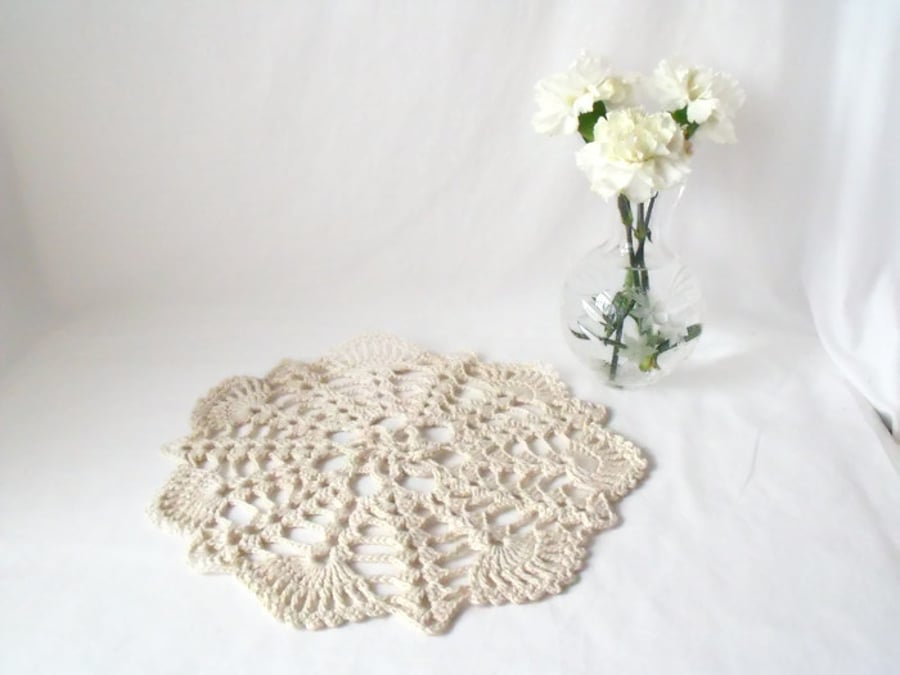 cream crocheted cotton mandala, decorative doily for under a vase, lamp, candle 