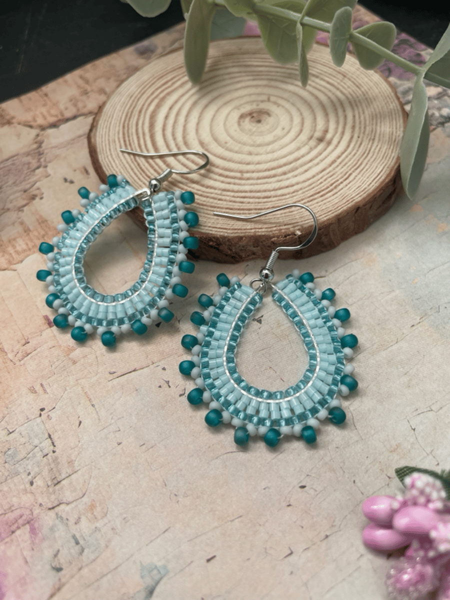 Beaded teardrop dangle earrings, blue accessories, boho jewelry, gift mum