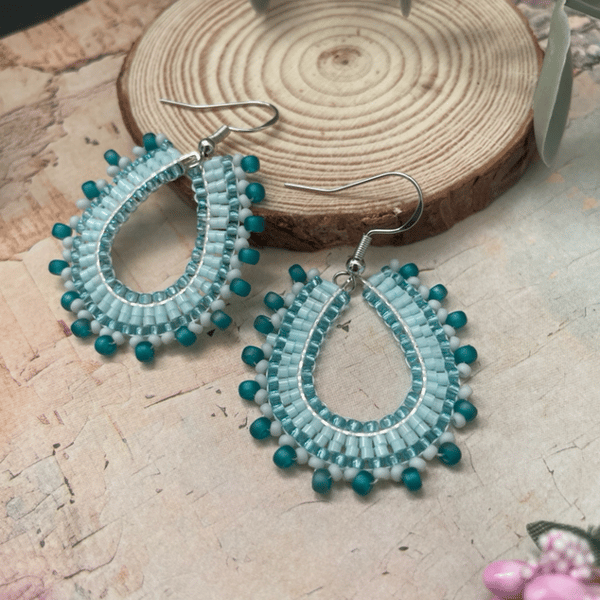 Beaded teardrop dangle earrings, blue accessories, boho jewelry, gift mum