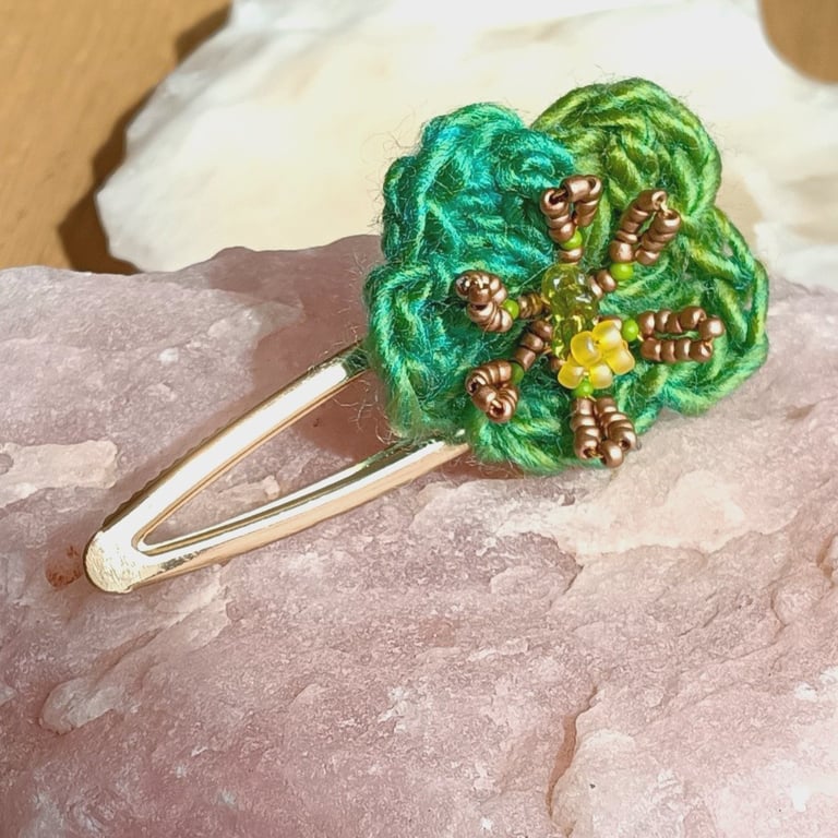 Green Crochet Flower Hair Clip With Glass Beaded Centre 