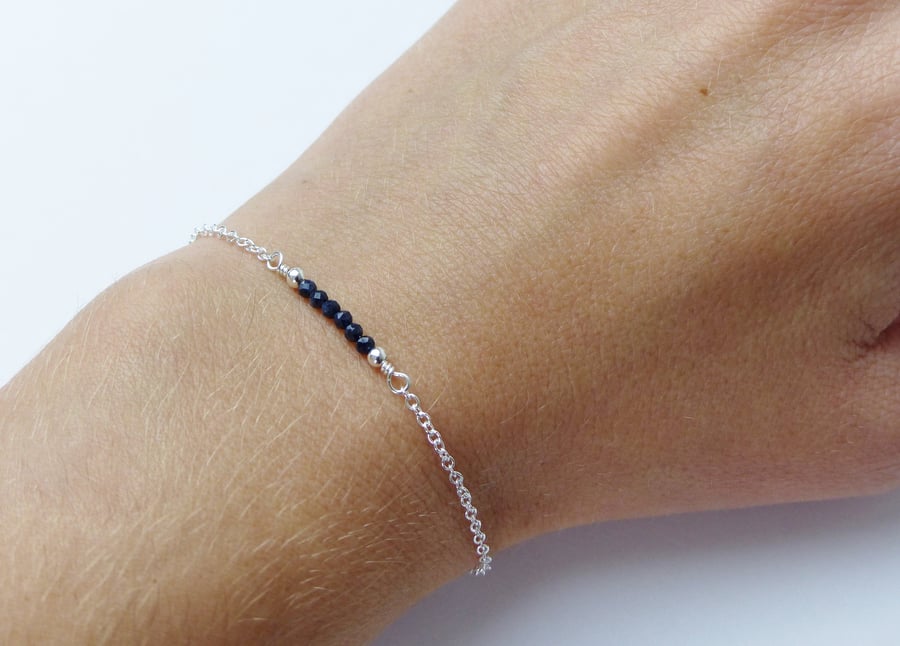 Dainty Sapphire Bead Sterling Silver Adjustable Bracelet, September birthstone