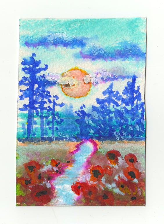 Aceo Mini Landscape Painting, Poppies Original Art - Size  3.5 x 2.5 '' 