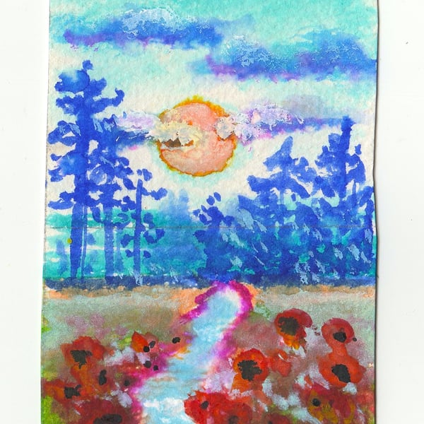 Aceo Mini Landscape Painting, Poppies Original Art - Size  3.5 x 2.5 '' 