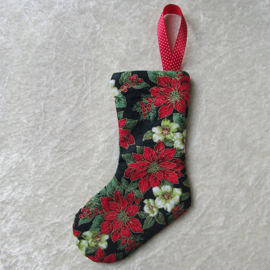 SALE - Small Christmas stocking tree decoration in black and floral print fabric