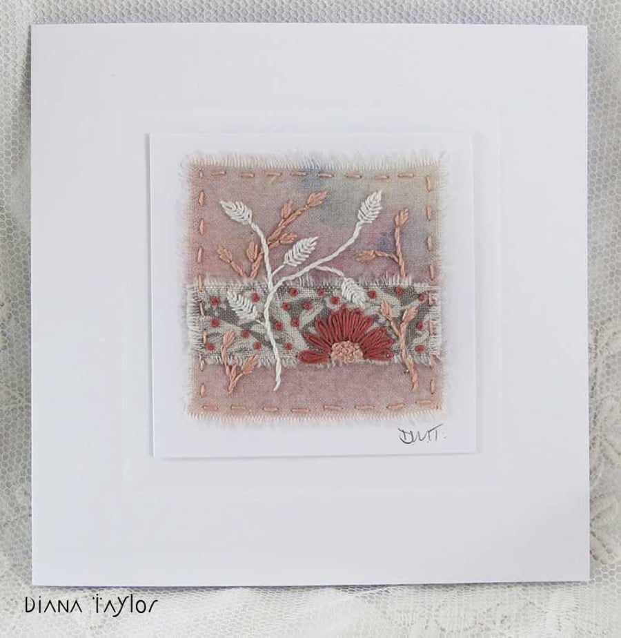 HAND EMBROIDERED GREETINGS CARD PINK FOLIAGE WILLIAM MORRIS