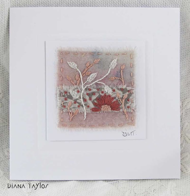 HAND EMBROIDERED GREETINGS CARD PINK FOLIAGE WILLIAM MORRIS