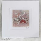 HAND EMBROIDERED GREETINGS CARD PINK FOLIAGE WILLIAM MORRIS