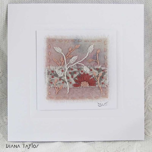 HAND EMBROIDERED GREETINGS CARD PINK FOLIAGE WILLIAM MORRIS