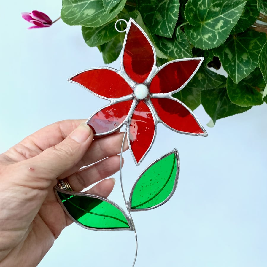 Stained Glass Flower Suncatcher - Handmade Hanging Decoration - Red